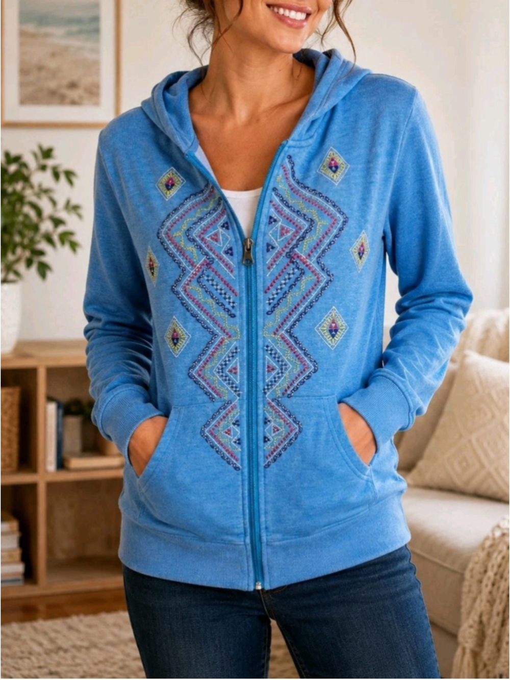 Cowgirl Legend Hoodie Womens Sz L Blue Embroidered Western Full Zip Southwestern